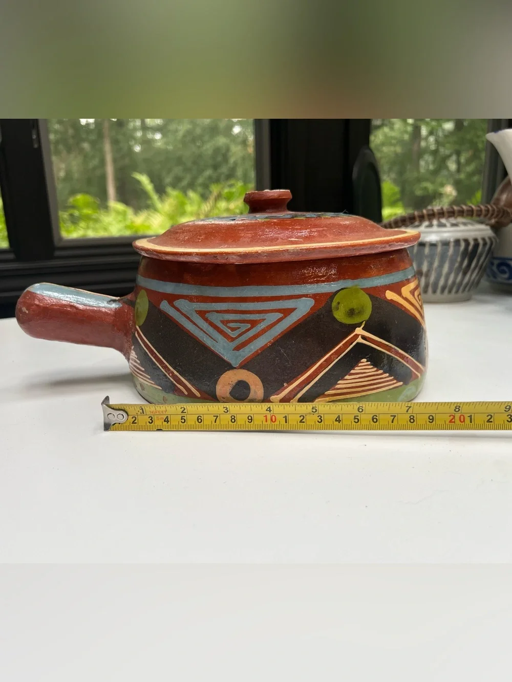 Vintage Mexican Tlaquepaque Pottery Lidded Pot Casserole Hand Painted Redware